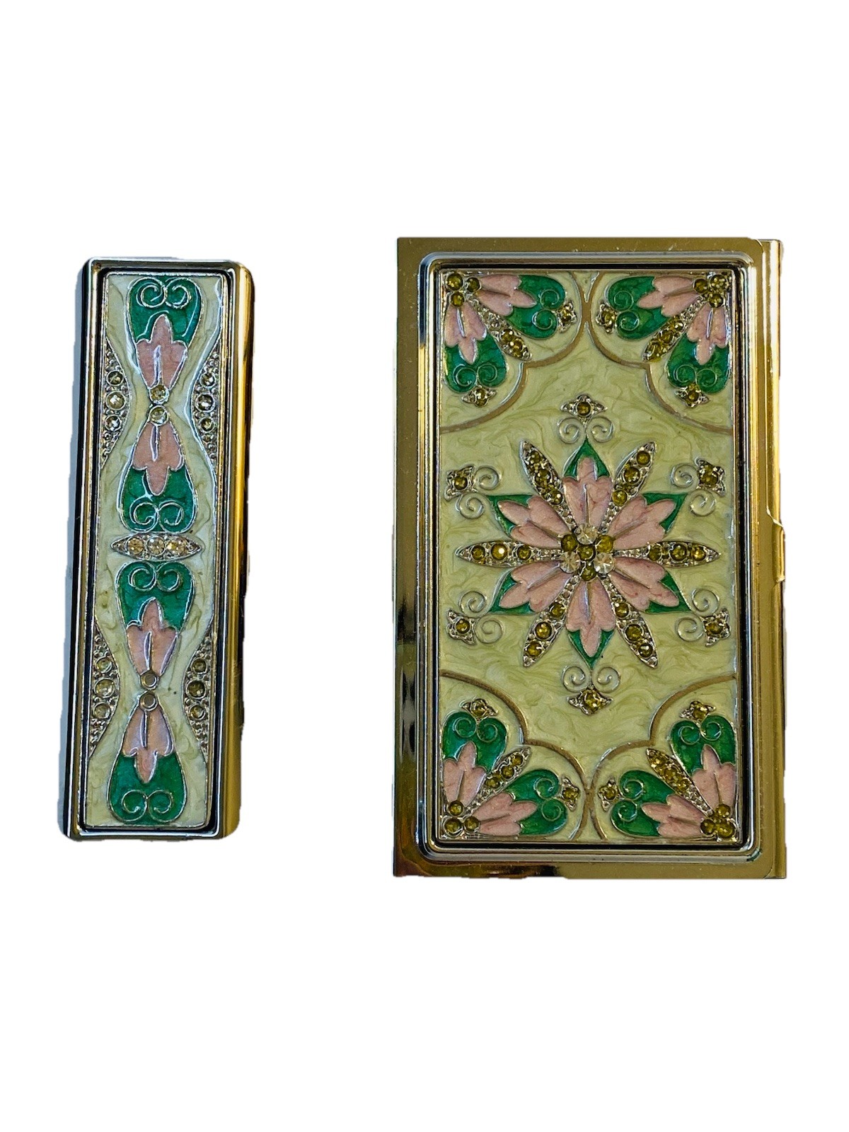 Art Deco Enameled Chrome Card Holder & Lip Stick Holder 