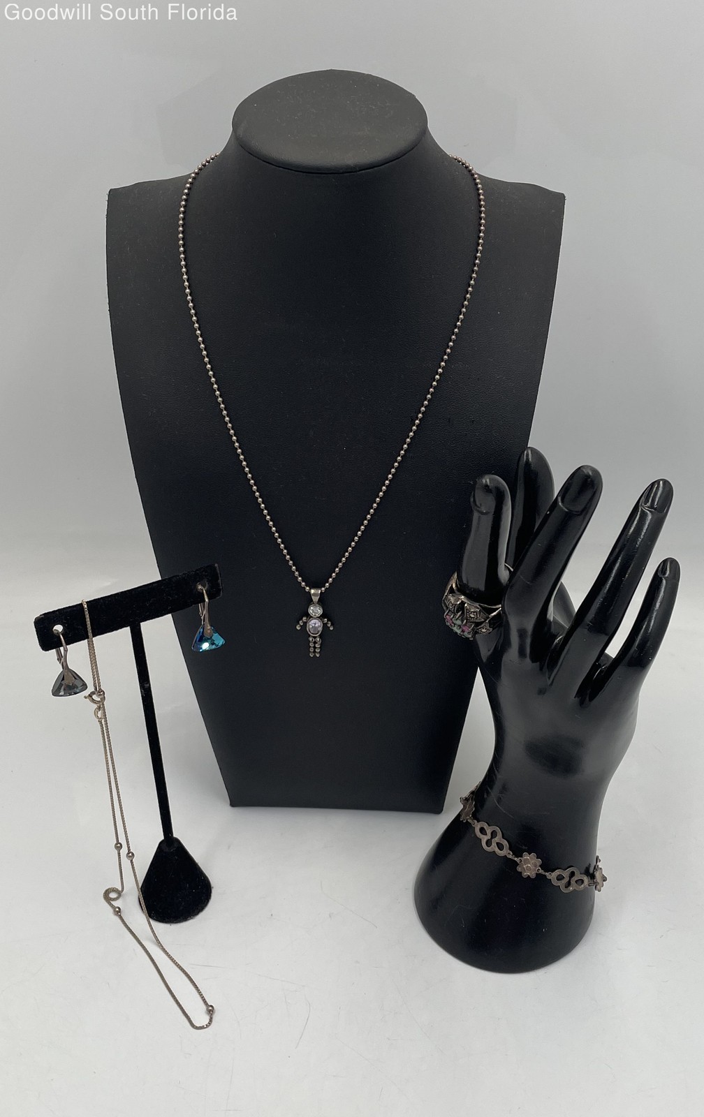 Silver Stamped/Unstamped Chains-Pendant-Bracelet-Earrings-Ring (5 Pcs) 31.1g