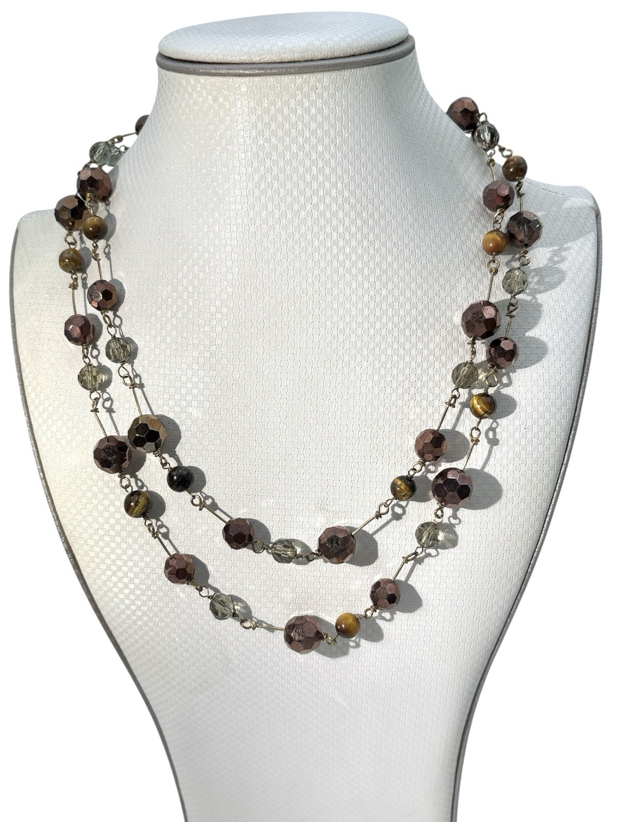 Vintage Signed Cookie Lee Gold Tone Copper Bronze Tiger's Eye Bead 40" Necklace