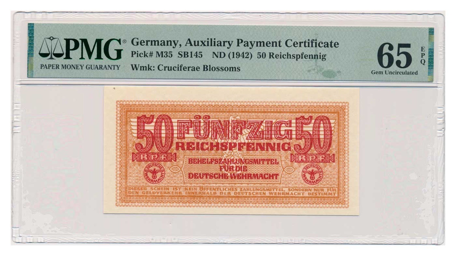 GERMANY banknote 50 Reichspfennig 1942 PMG MS 65 EPQ Gem Uncirculated