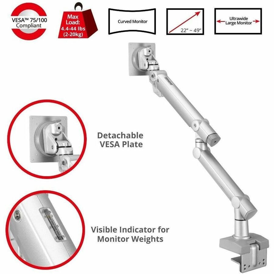 SIIG MTPRO Heavy Duty Desk Mount Single Monitor Arm - Up to 49?, 4.4 - 44 lbs