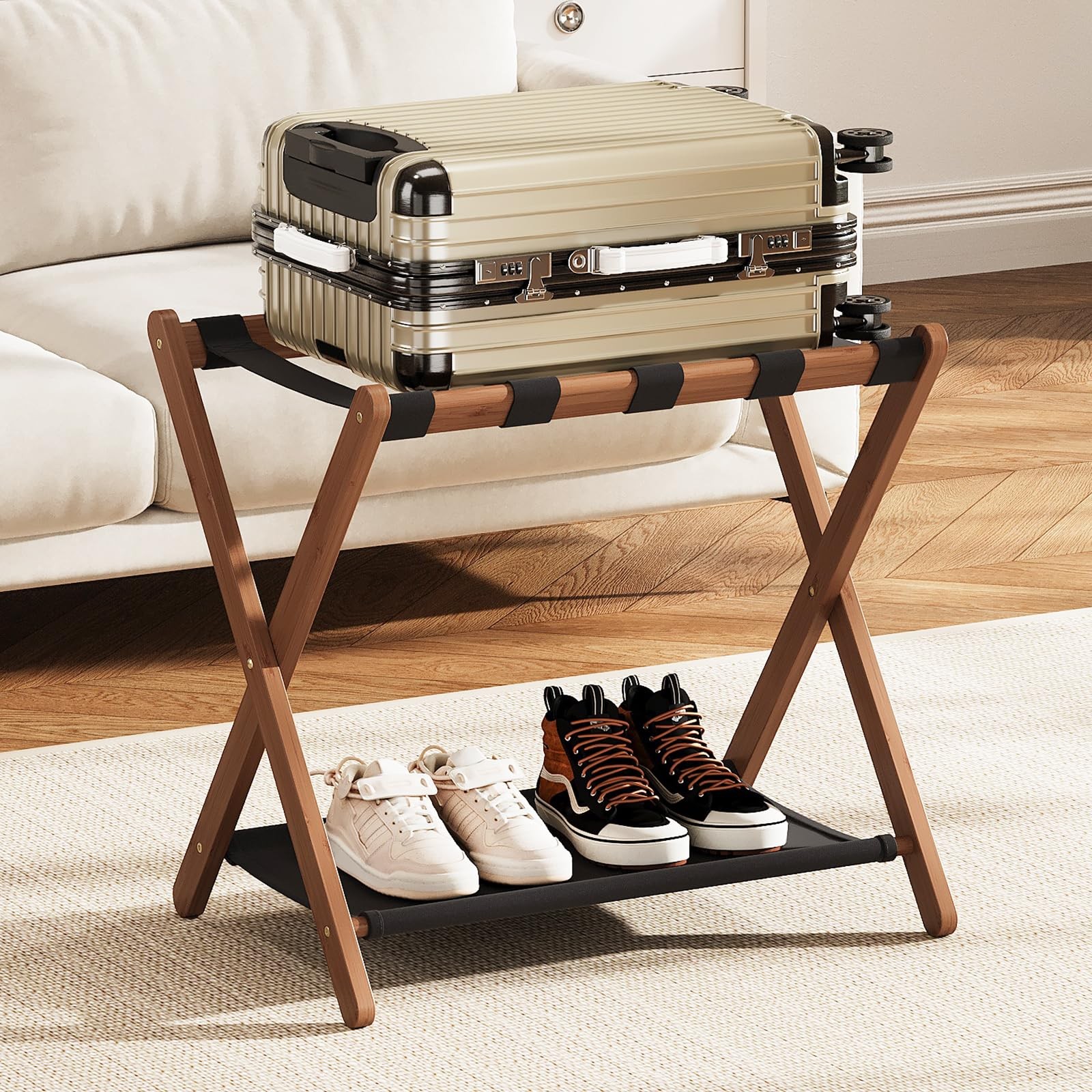 Fully Assembled Luggage Rack, Walnut Luggage Rack for Guest Room, Folding Sui...