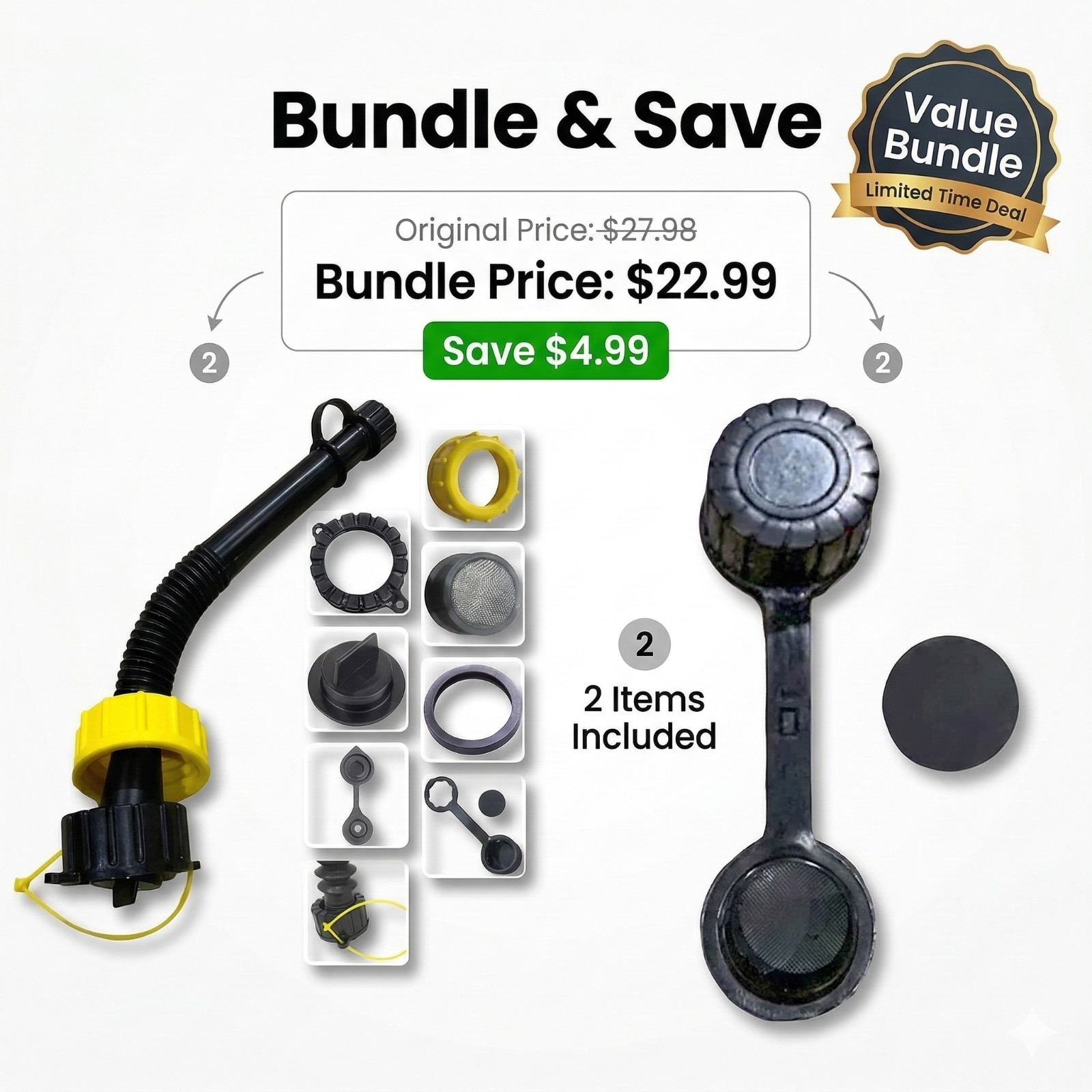 11" Universal Gas Can Spout Replacement Kit + 2 Rear Vent Screw Caps