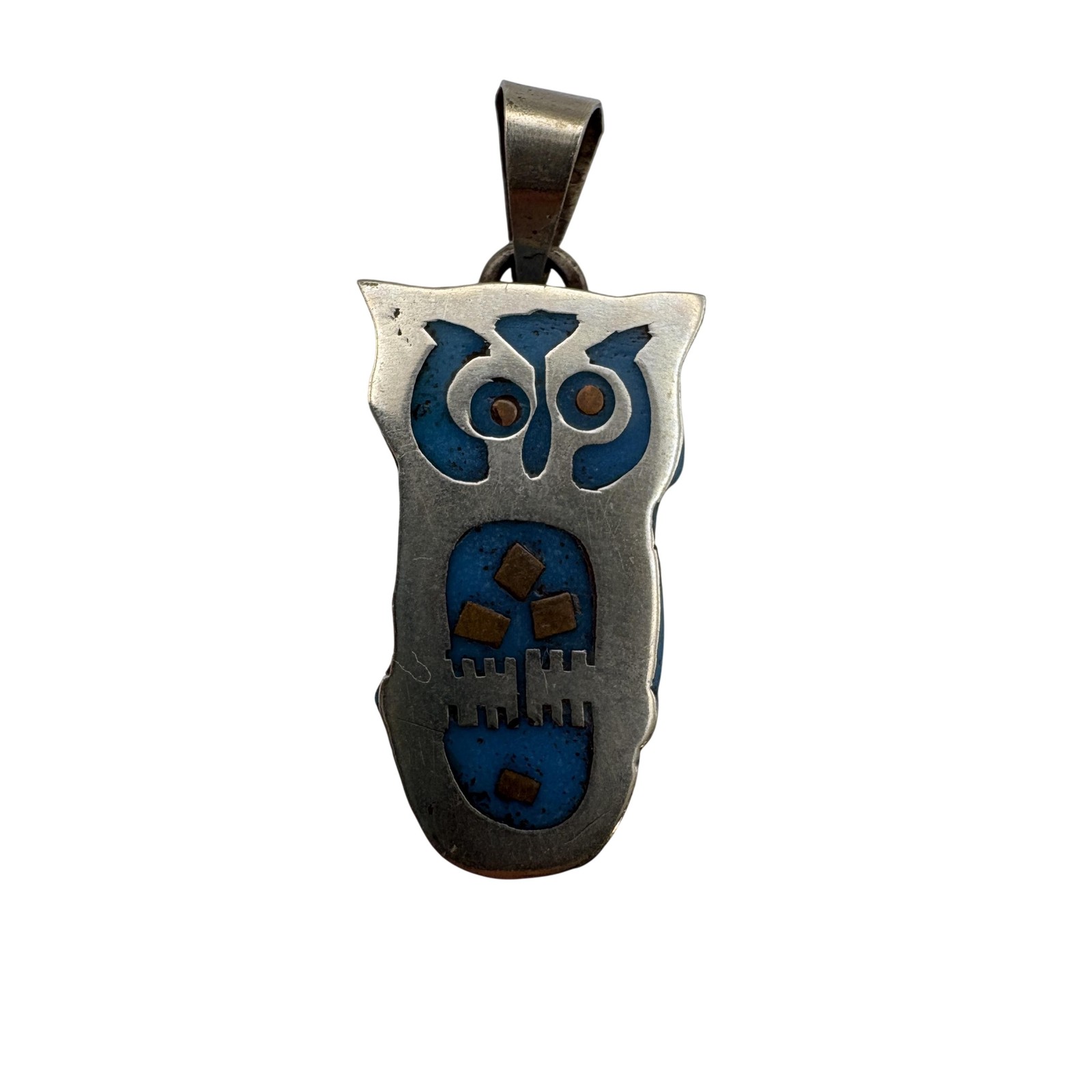 Mexico Sterling Silver Blue Stone Inlay Owl Pendant 0.91in 2.18g