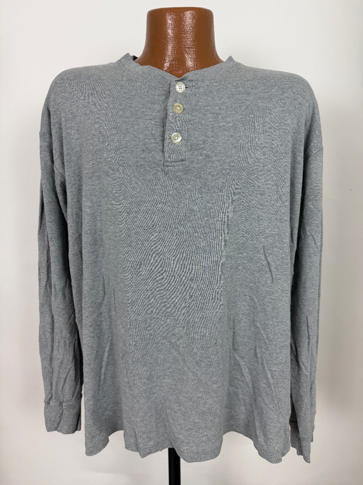 Vintage 90s Ribbed Knit Henley Shirt Men XL Boxy Minimal Outdoors Gray Stretchy