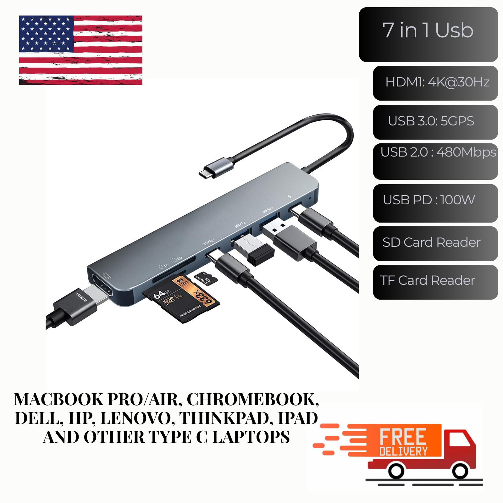 7-in-1 Multiport Adapter USB C Hub 4K HDMI 100W PD USB 3.0 5gps Speed SD,TF Read