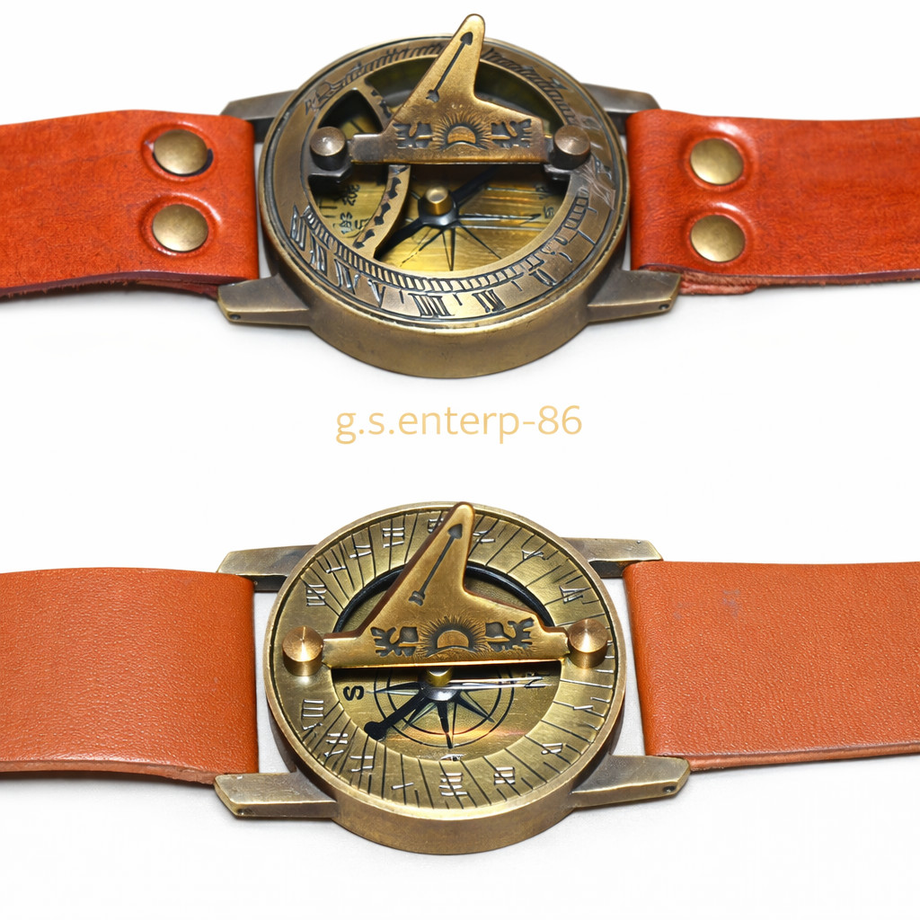 Wrist Watch Style Sundial Compass Brass Leather Strap Vintage Nautical Set of 2