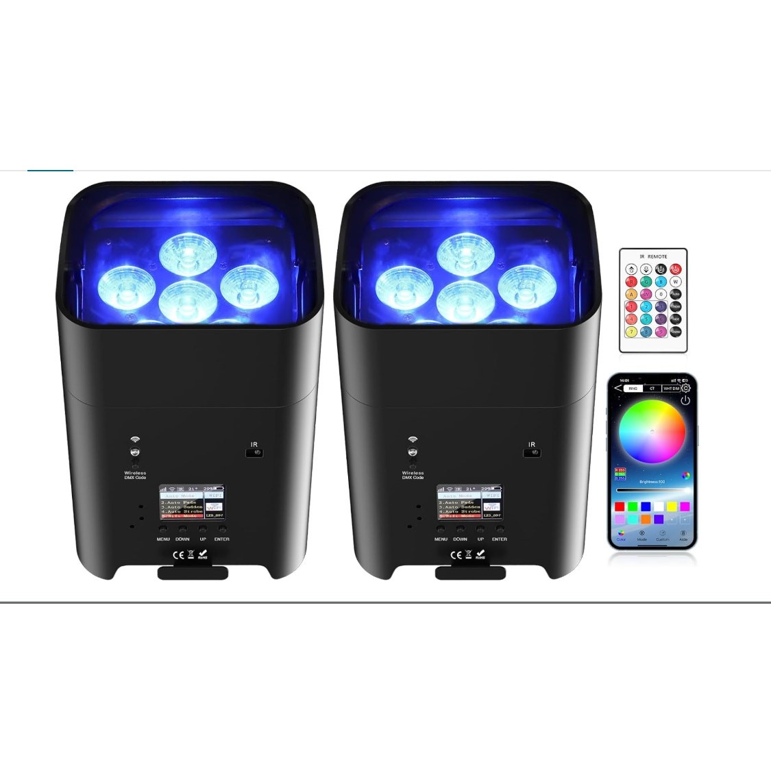 Set-of-2 Uplight Rechargeable Par Can 6x18W RGBWA+UV LED Stage Lights w Remote