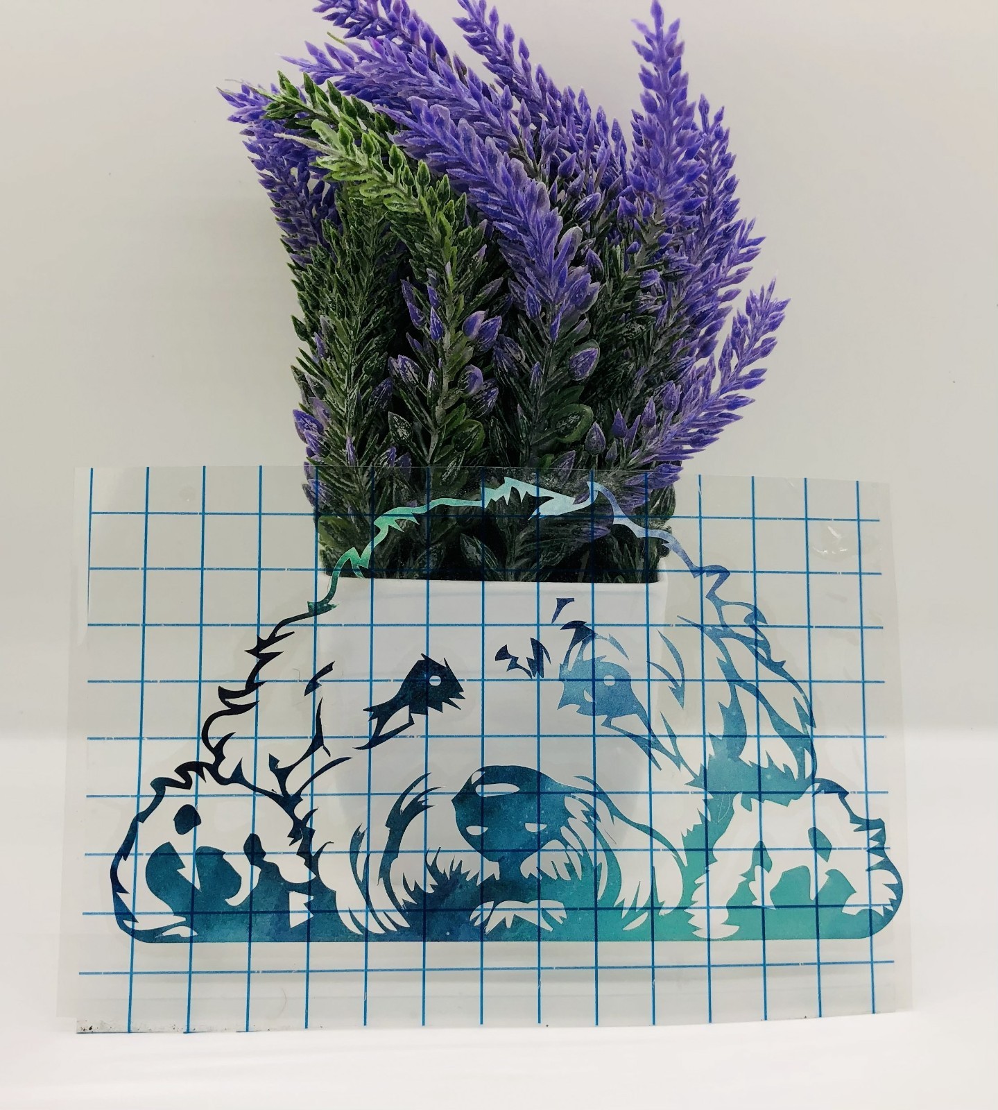 Handmade hues of blue doodle dog decal