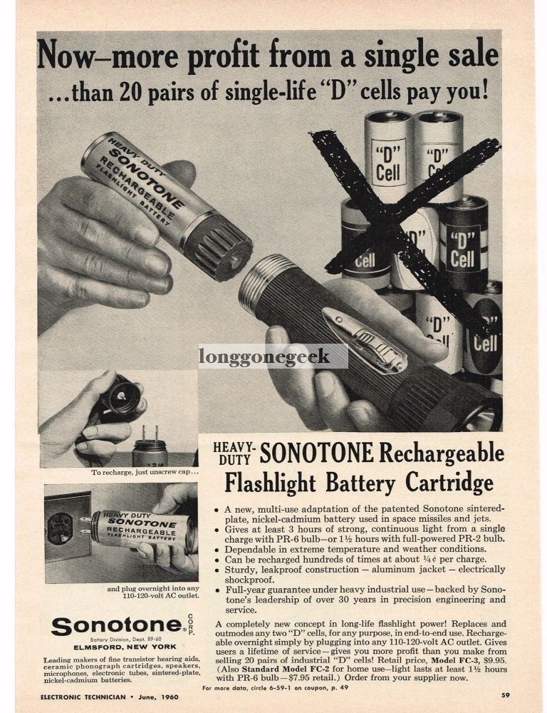 1960 Sonotone Rechargeable Flashlight Battery Cartridge VINTAGE Print Ad