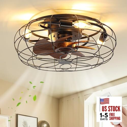 Caged Ceiling Fans with Lights and Remote 18" Black Flush Mount Outdoor 