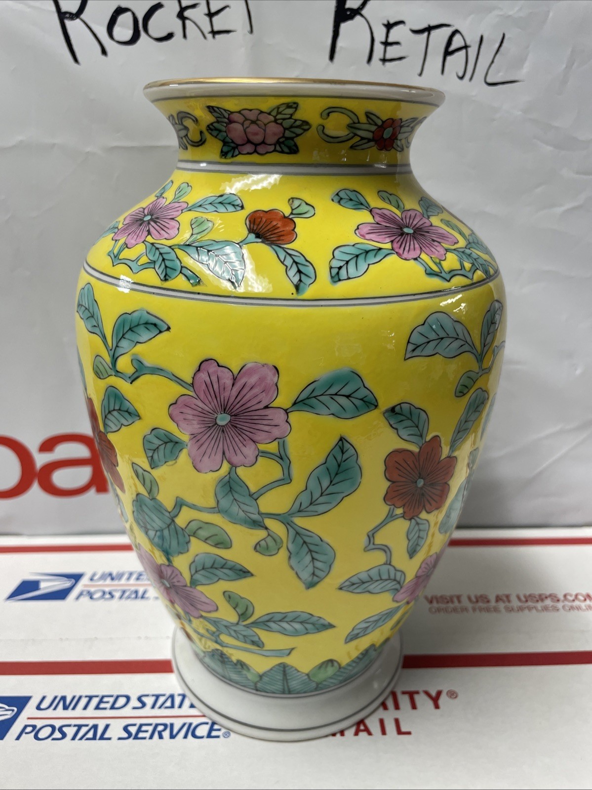 VTG Beautiful!! Japanese Floral Vase 9.5” T  / 6.5”W Yellow Hand Painted 😍 O57