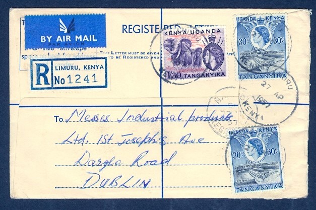 KUT 1957 QEII COMBO REG ENVELOPE TO IRELAND