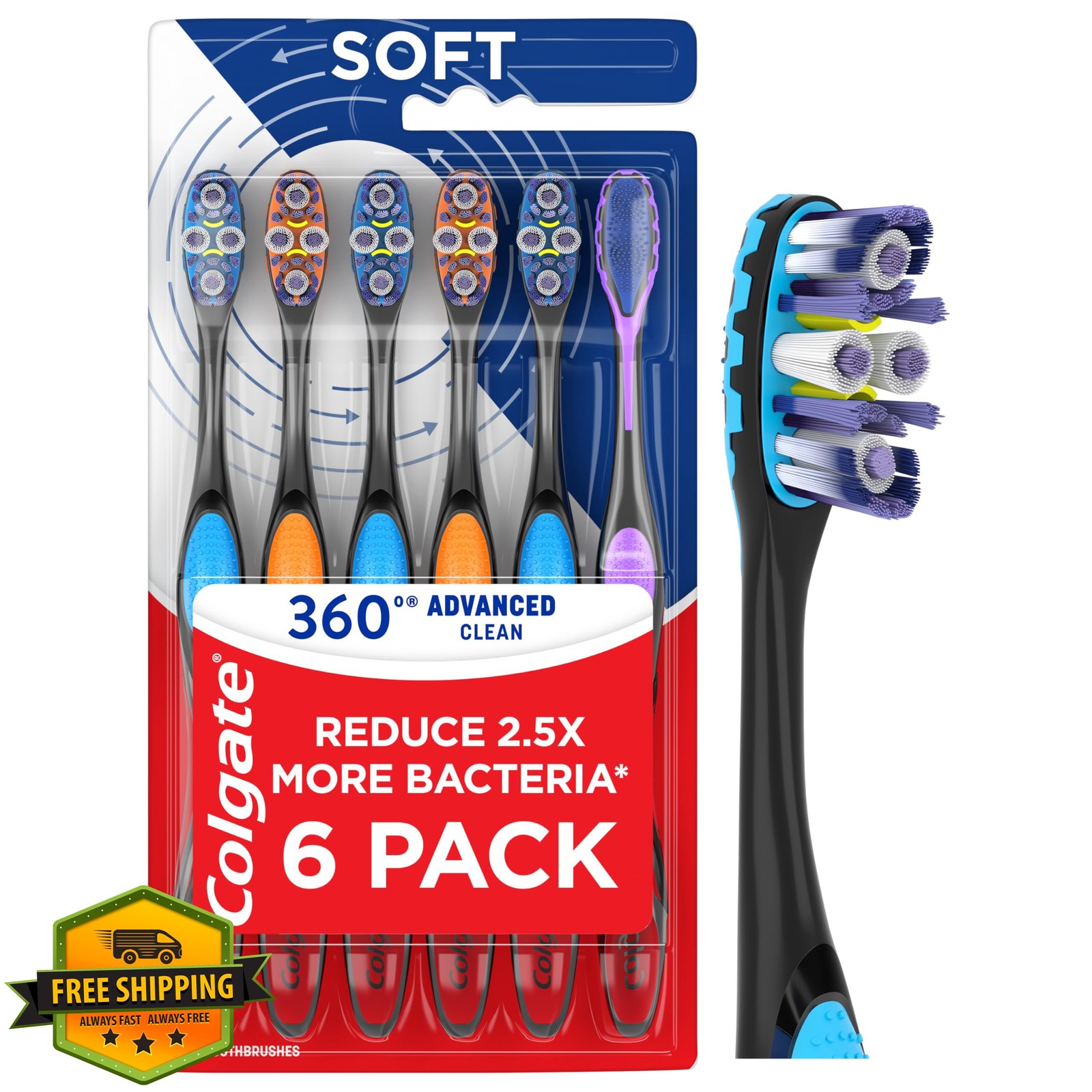 Colgate 360 Adult Soft Toothbrush, 6 Pack, Soft Bristles