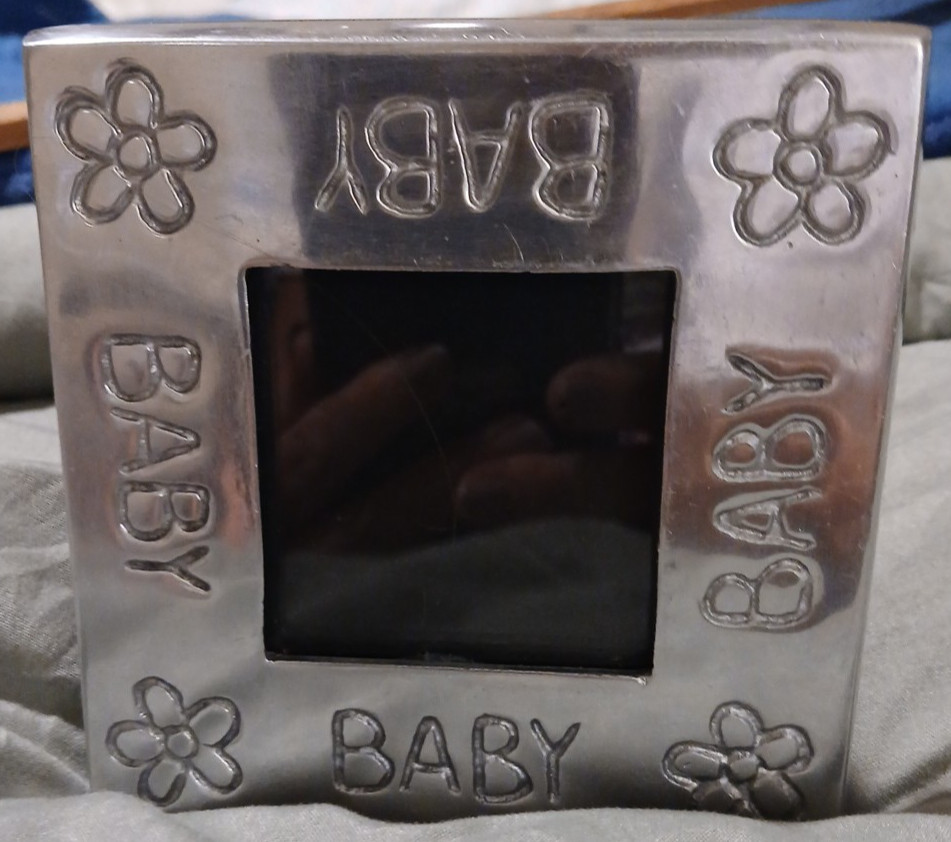 VTG Pewter 4x4 Square Baby Frame Hand Made In Mexico Wooden Easel Back folk art
