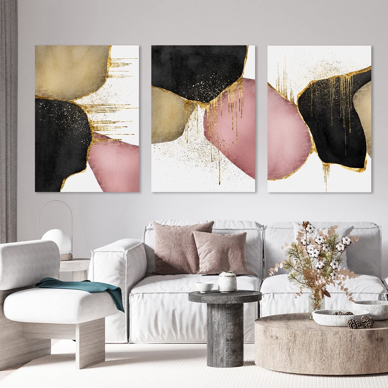 Pink and Gold Abstract Canvas Wall Art Black Brown Abstract Picture Geometric...