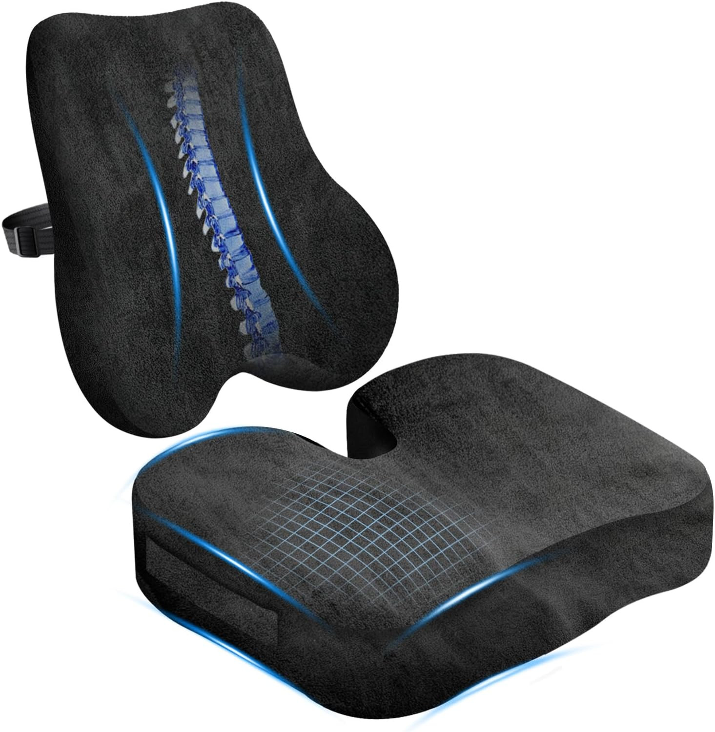 Memory Foam Seat Cushion & Plush Velvet Lumbar Support Pillow Set, Comfort Compu