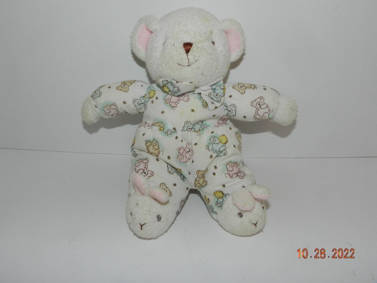 Vintage Carters Teddy Bear Plush Rattle Terry Cloth honey pot White Baby