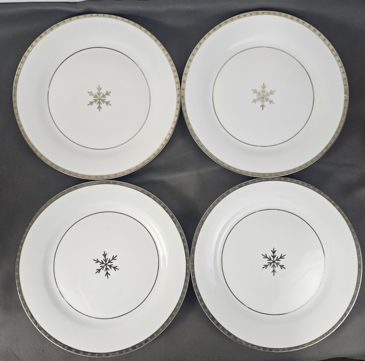4 Target Holiday 07 Silver Noel Porcelain 10.5" Dinner Plates Snowflake