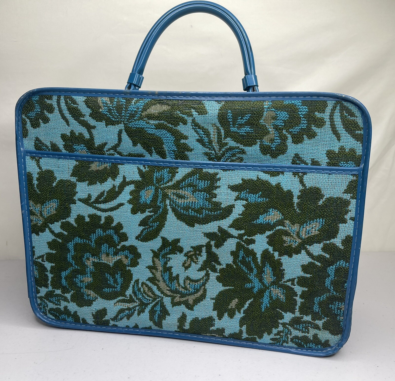 Vtg Suitcase 60's - 70's Mod Flower Cloth Blue Green Boho Hippie Bag Luggage 15”
