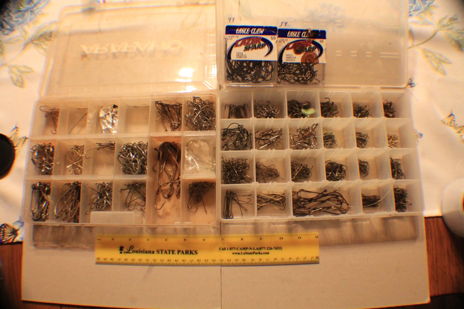 Vintage Lot of 400+ Fish Hooks Eagle and Others Plus 2 Plastic Lure Boxes