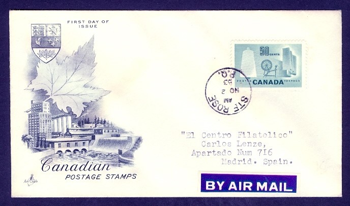 CANADA #334 50c TEXTILE FDC TO SPAIN