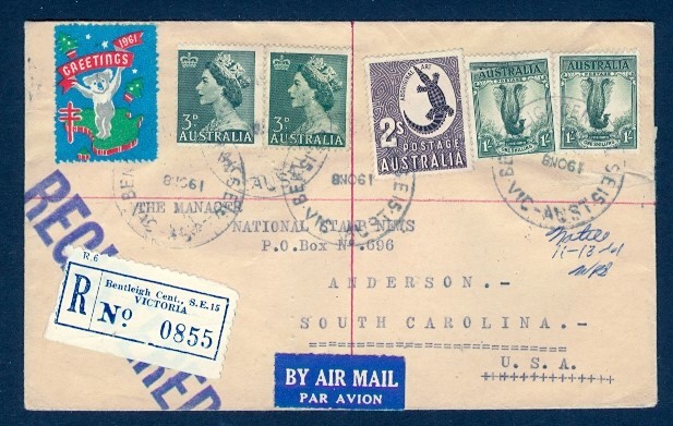AUSTRALIA 1961 4'6P AIRMAIL REG TO USA