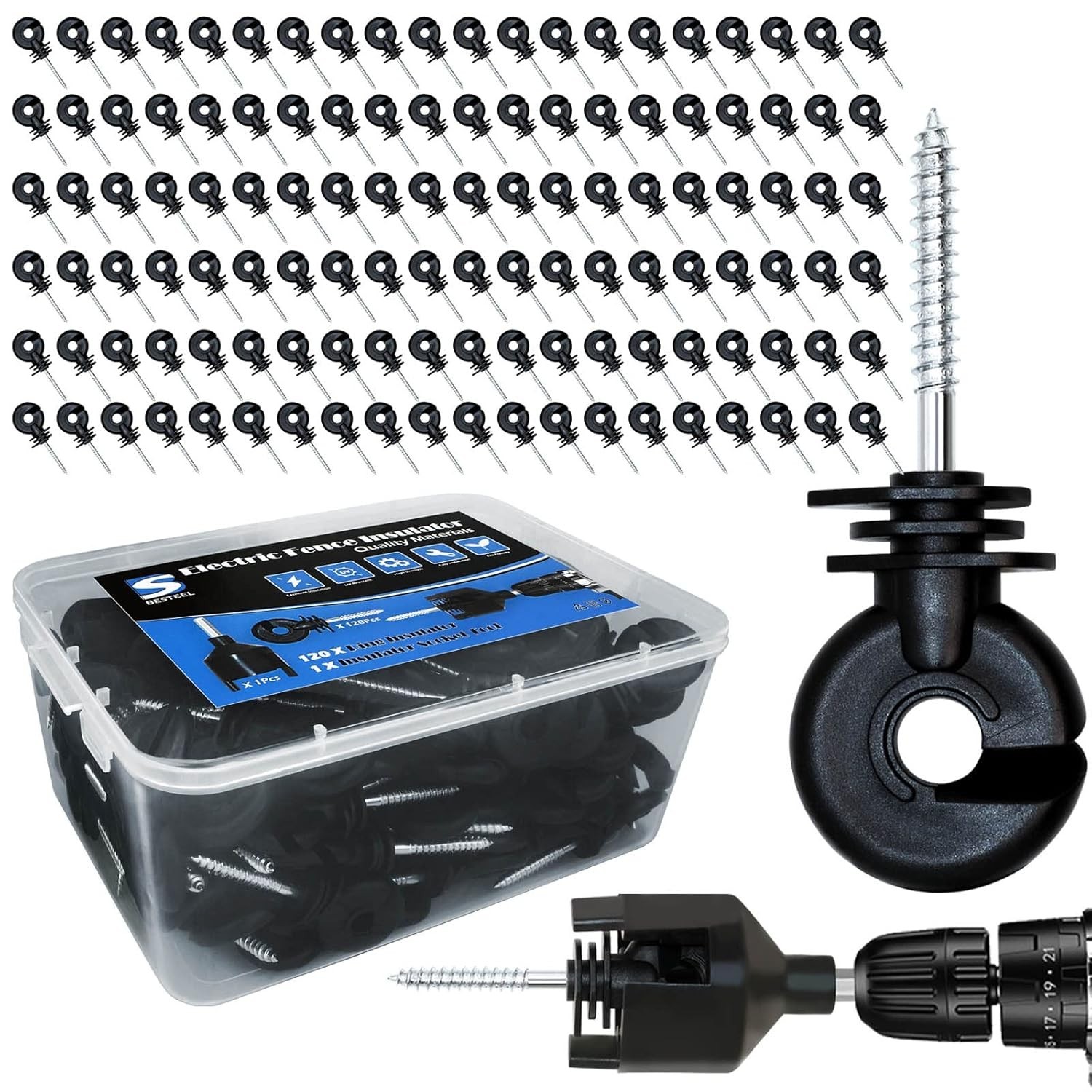 120 Pcs Black Electric Fence Insulators Screw-In Insulator Fence Ring Post Wood