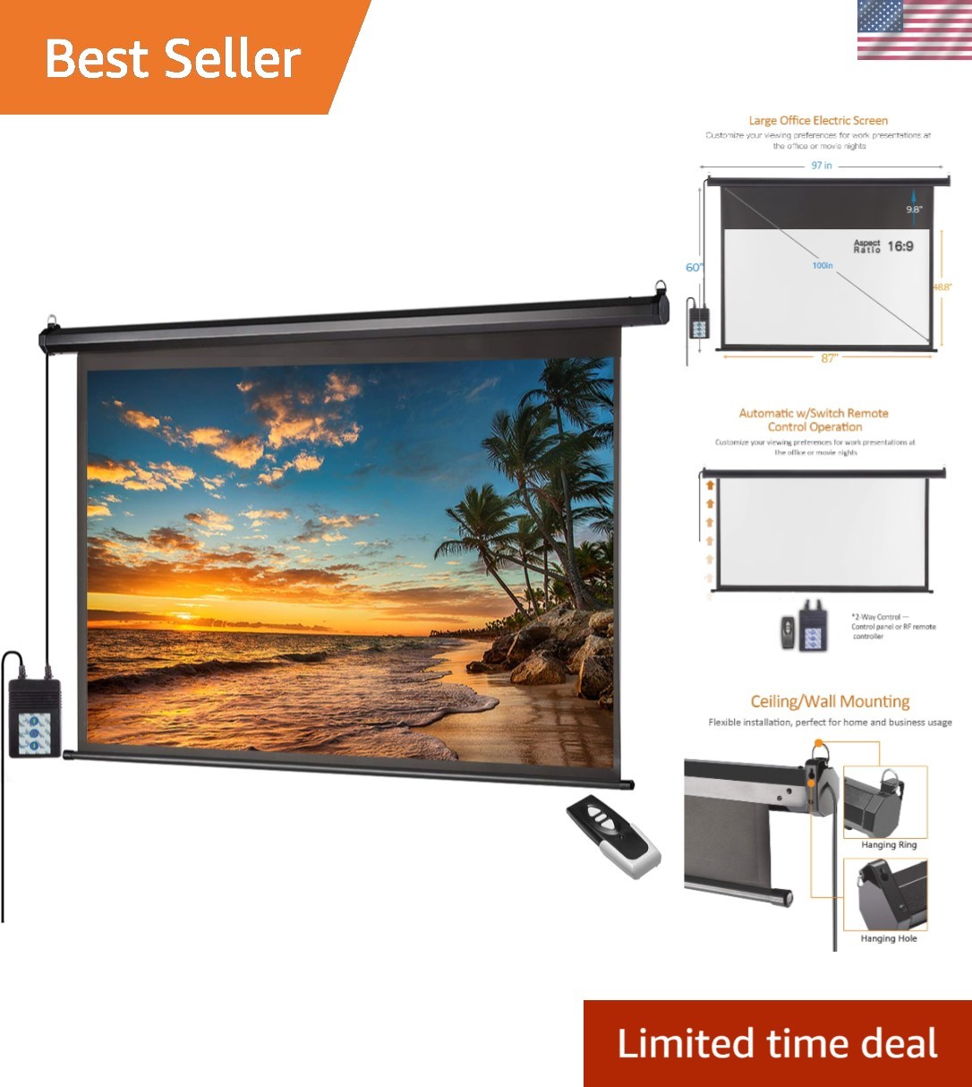 Motorized Projector Screen 100 inch 16:9 HD Diagonal Indoor and Outdoor Movie...