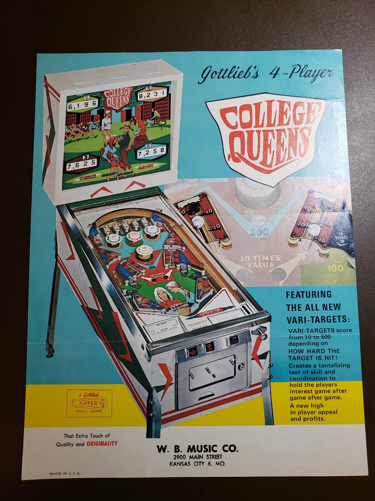 Gottlieb COLLEGE QUEENS Original Pinball Flyer