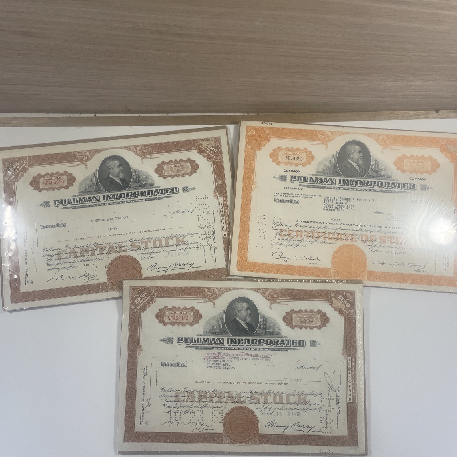 3 Stock Certificates Pullman Incorporated Rail Railroad Cars Warren Michigan