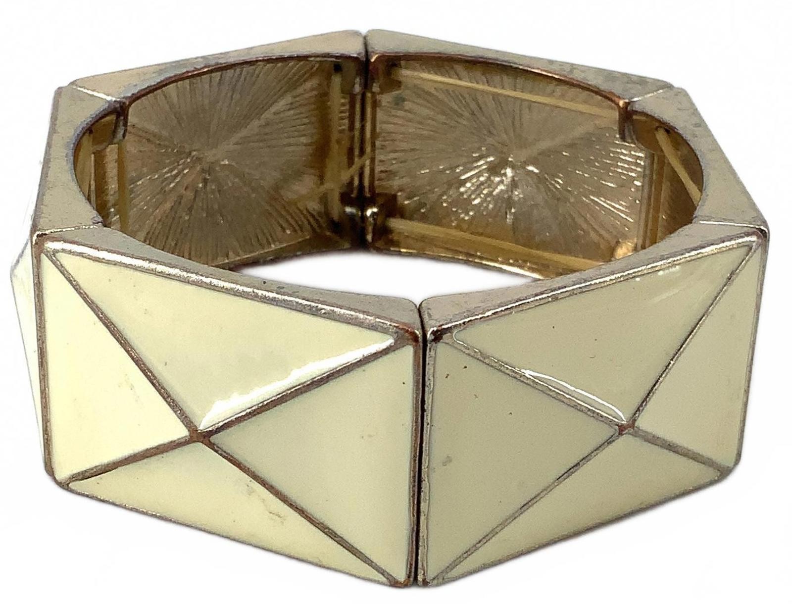 Vintage Enamel Art Deco Style Stretch Bracelet Cream Gold Tone Geometric Boho