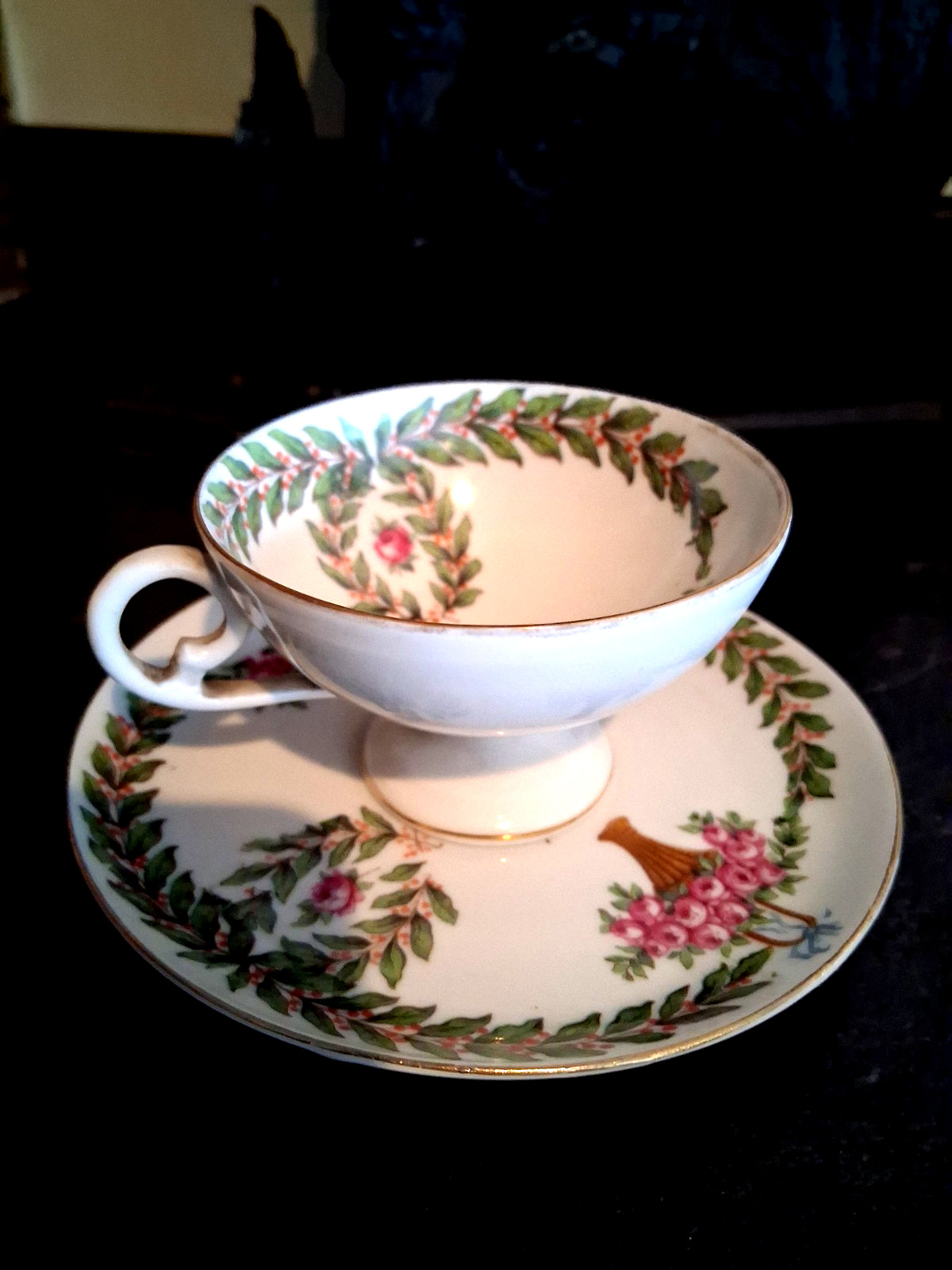 RAYNAUD Limoges Demitasse Footed Teacup with leafy garlands , and flower baskets