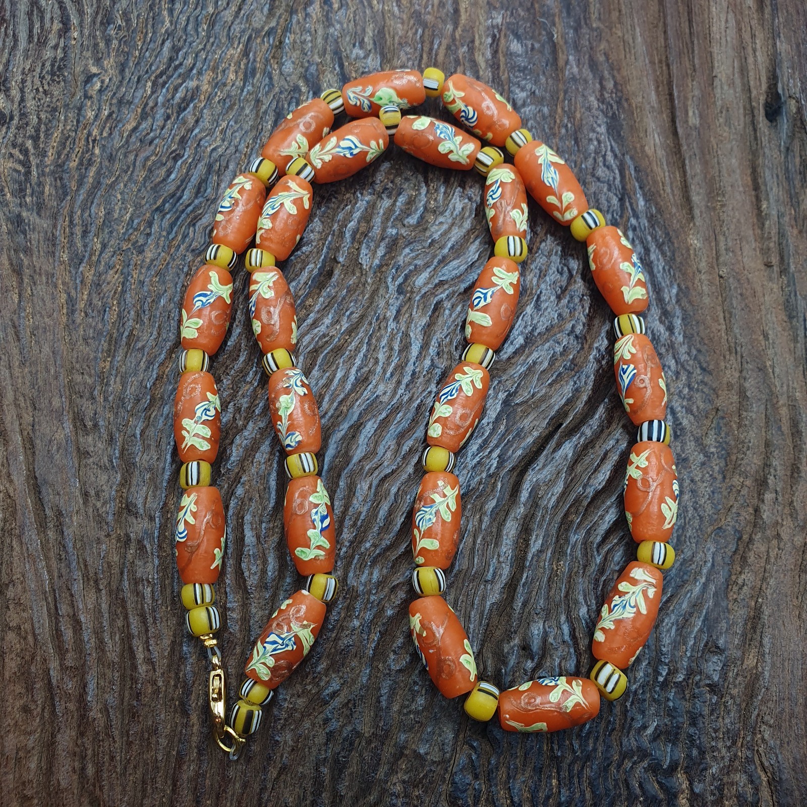 Vintage Venetian Style Orange Floral Glass Bead Necklace Lampwork Flower Pattern