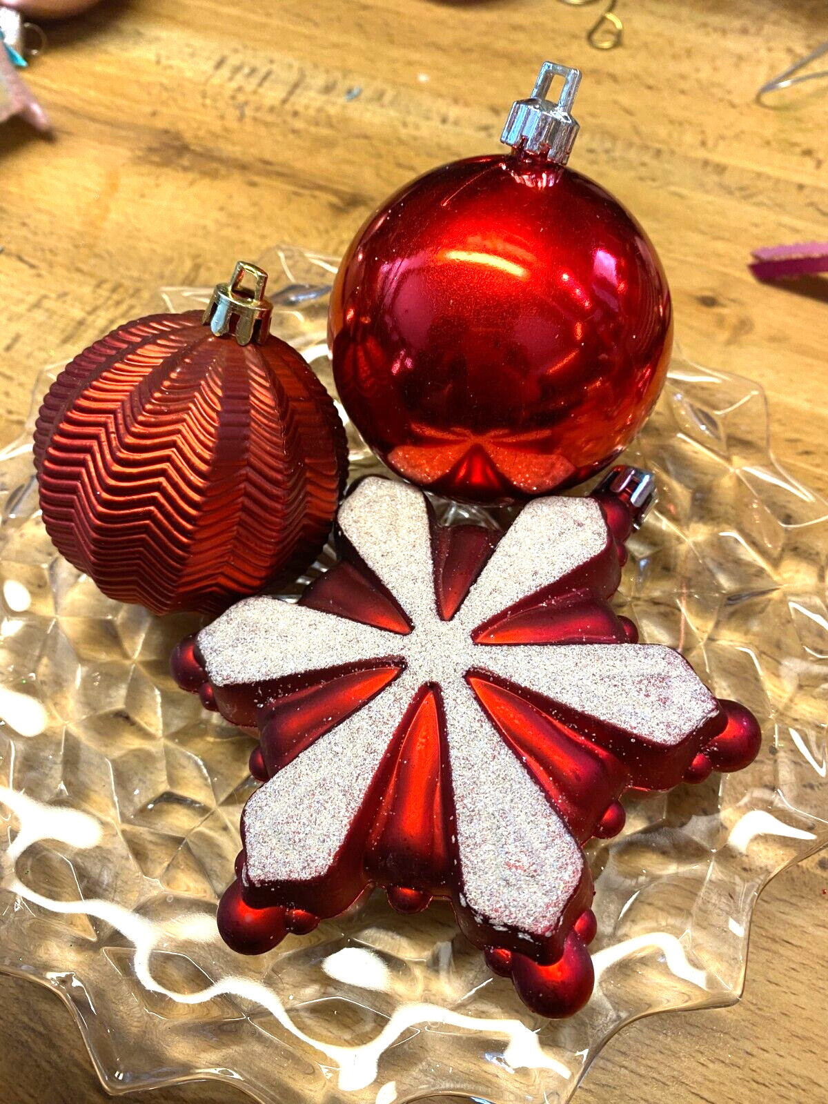 3  Glitter Red Snowflake & Ball Plastic Christmas Ornaments 2-4"