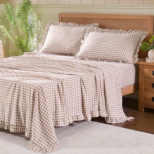 Gingham Sheet Set, Lightweight Super Soft Brushed Microfiber Plaid Queen Taupe