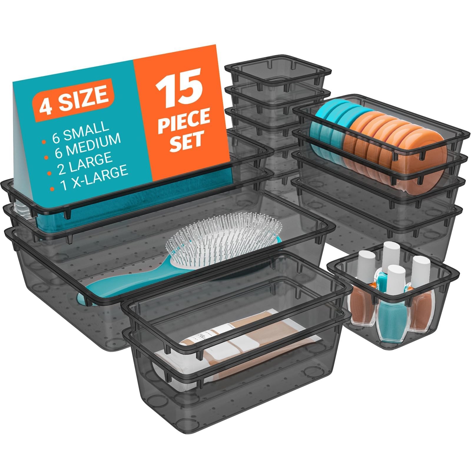 SpaceHacks 15 PCS Clear Plastic Drawer Organizer Set, 4-Size Acrylic Black 
