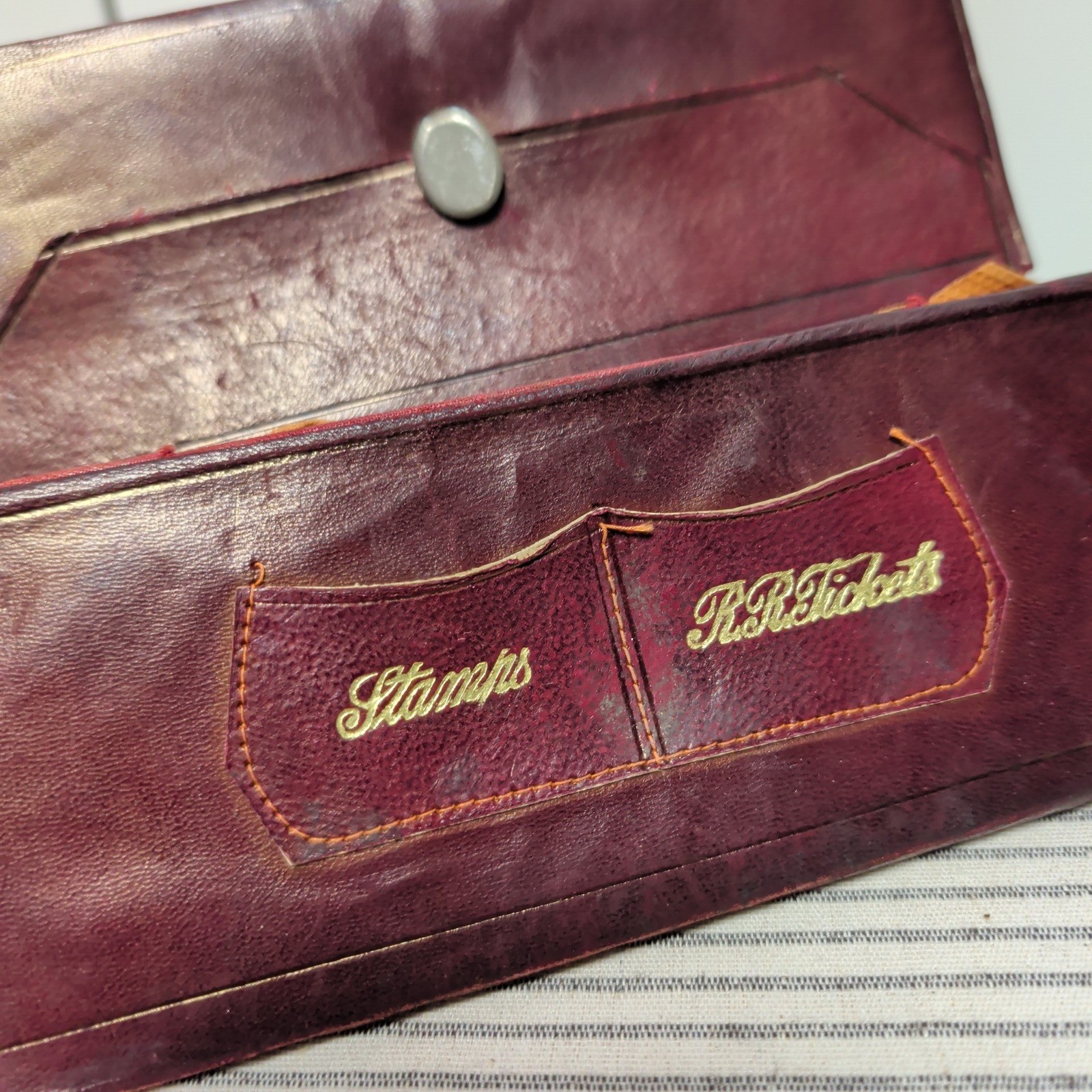 Antique Victorian 1800s Leather Railroad Ticket Stamp Bifold Wallet Burgundy