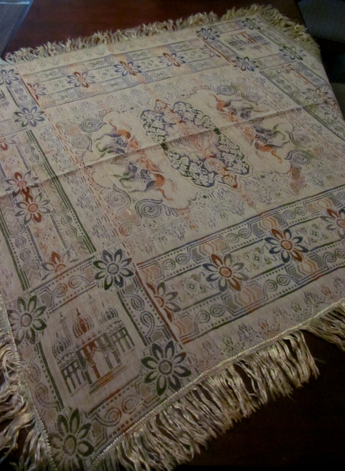 Vintage Woven Tapestry Tablecloth Piano Scarf Horse Rider Palace w/Fringe