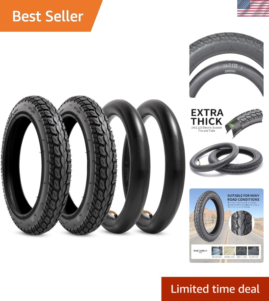 14x2.125 E-Bike Tire and Tube Set Heavy-Duty for Electric Scooter Replacement