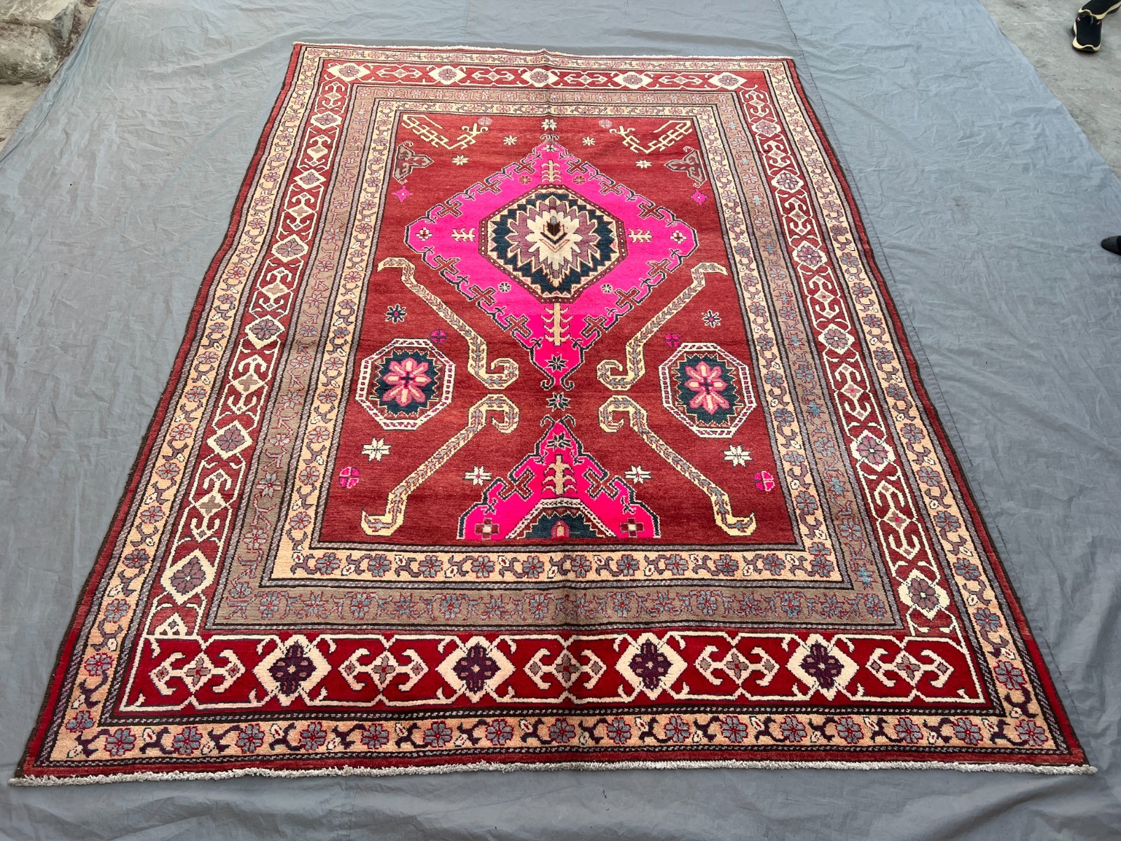 Vintage Turkish-Inspired Hand-Knotted Tribal  Caucasian Rare Rug Living Room Rug