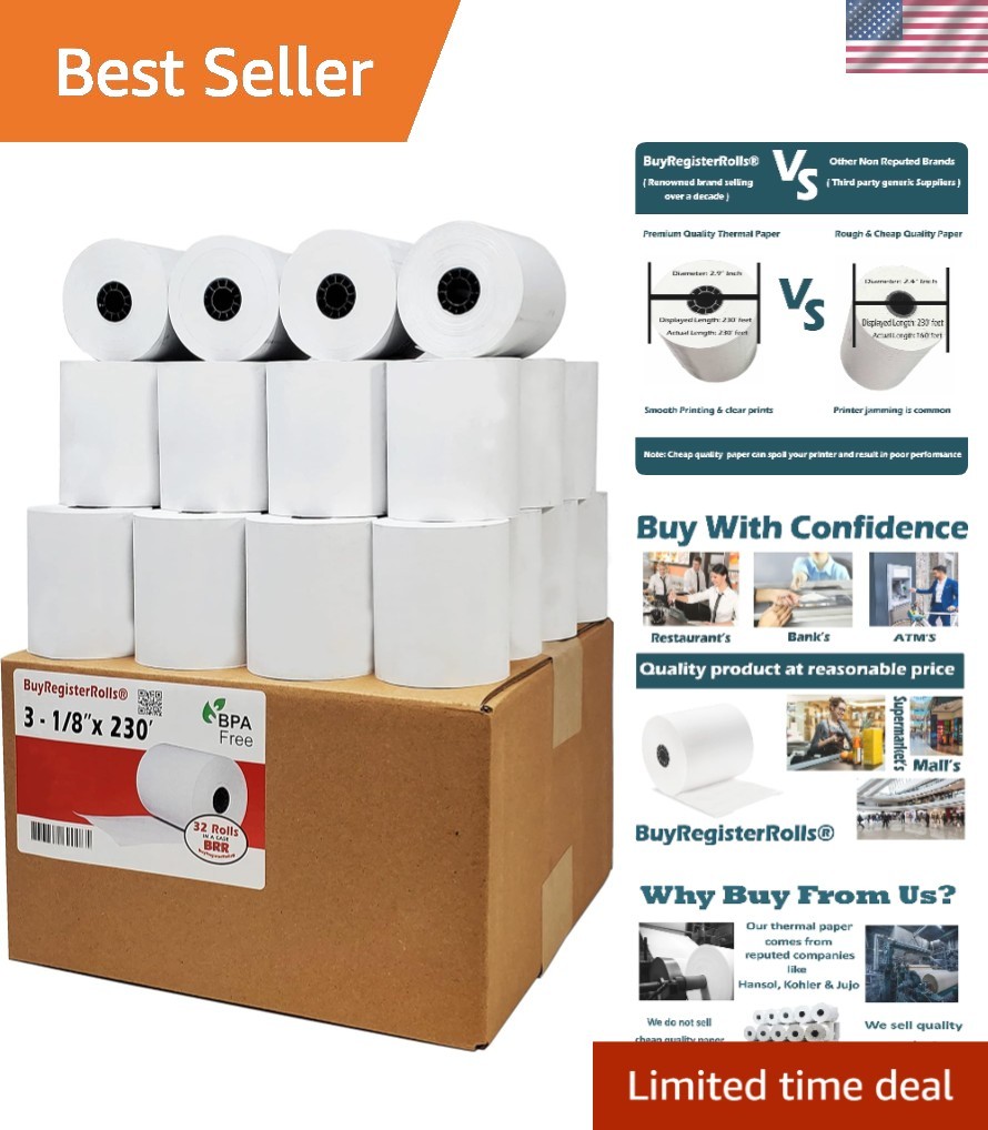 Durable 3 1/8" x 230' Thermal Paper Rolls - 32 Count for Reliable Printing