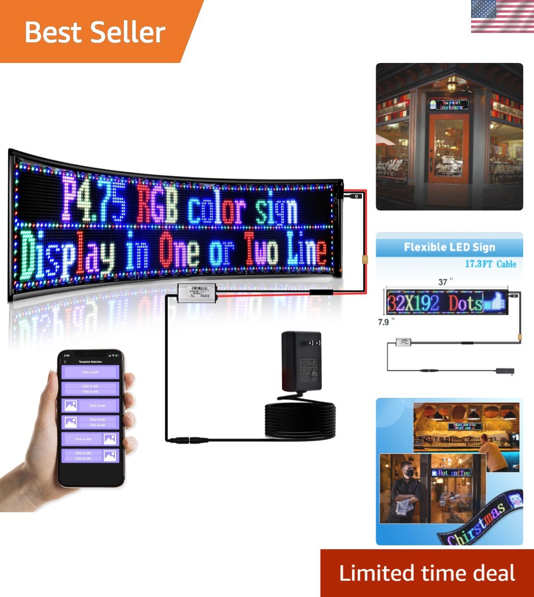 Double Row LED Sign: Programmable 8"x37" Bluetooth Matrix for Events & Weddings
