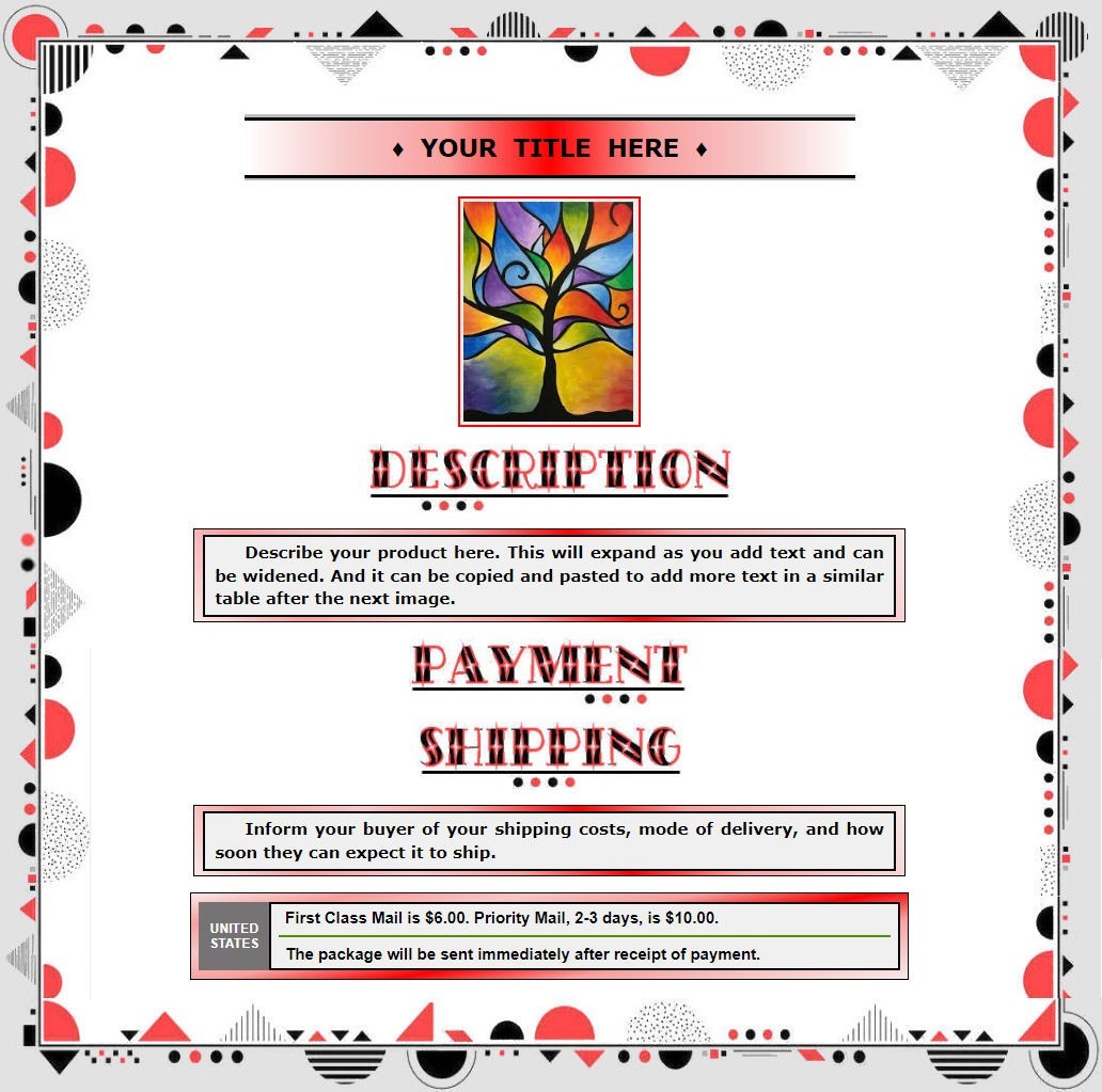 AUCTION TEMPLATE Geometric Border Design Red Black Gray - FREE Email Shipping