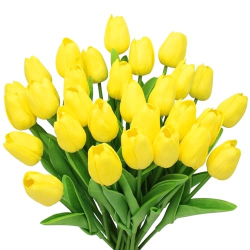28pcs Flowers Artificial Tulip Stems Real Feel PU Tulips for Easter Yellow