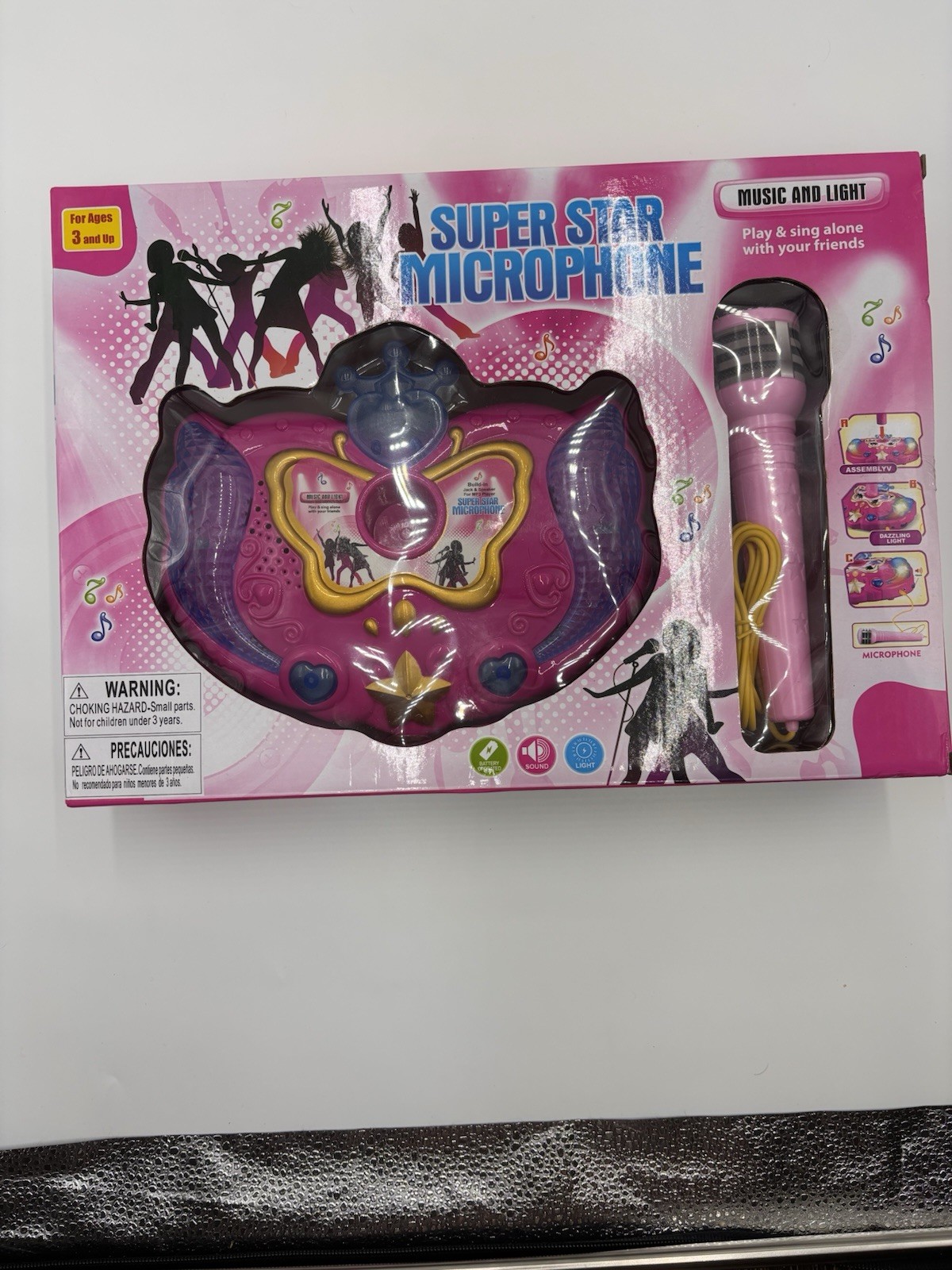 Kids Super Star Microphone Karaoke Machine w/ Stand Music & Lights MP3 Jack Pink
