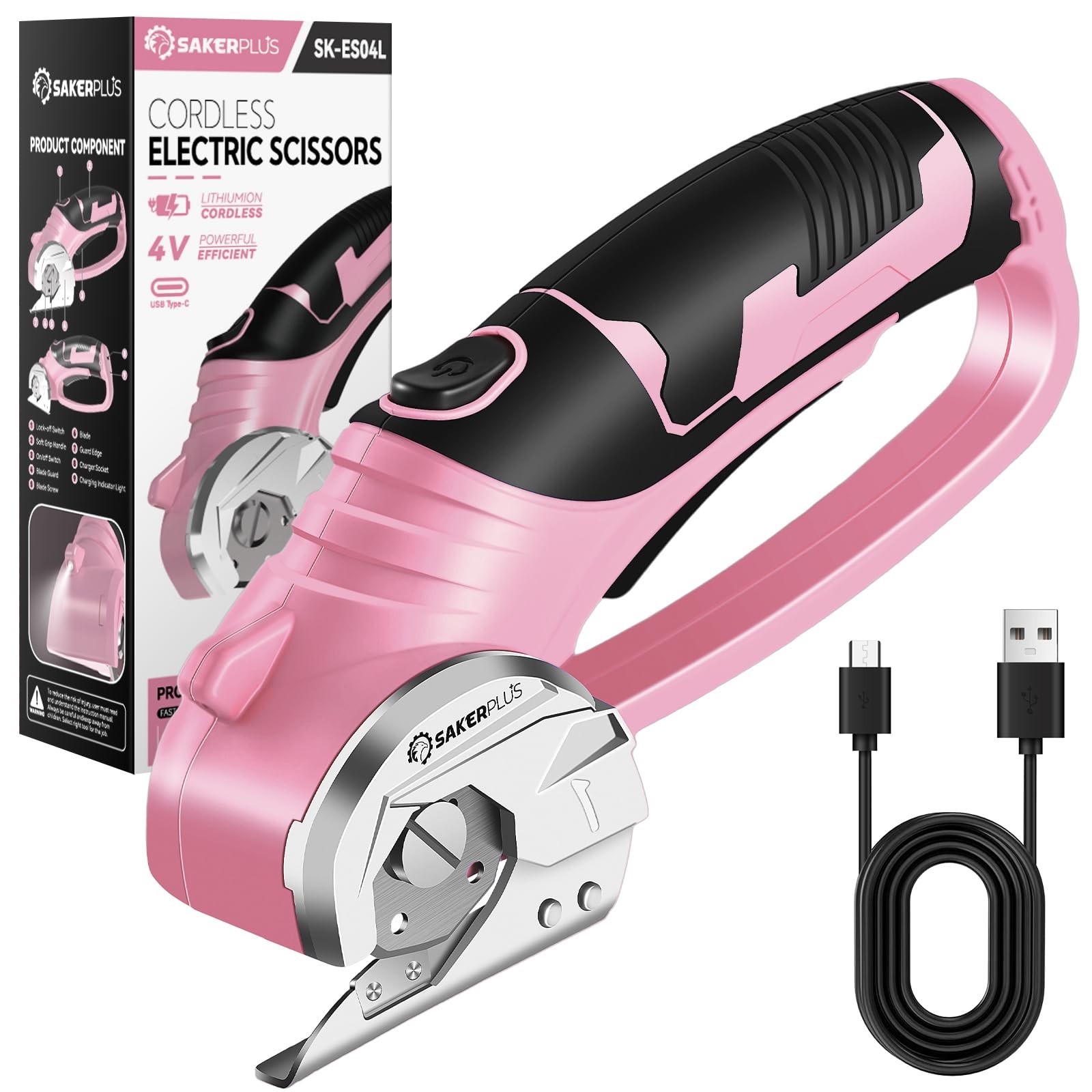 SakerPlus Cordless Electric Scissors,4V Boxed Rotary Cutter (Pink), Pink 