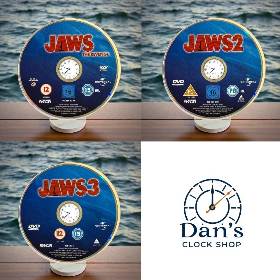Jaws DVD Clock with Wooden Stand | Upcycled Handmade Display | Unique Gift