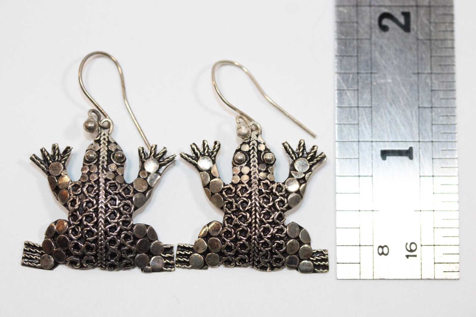 Sterling Silver Vintage Ornate Detailed Dots Frog Earrings Dangle #0236