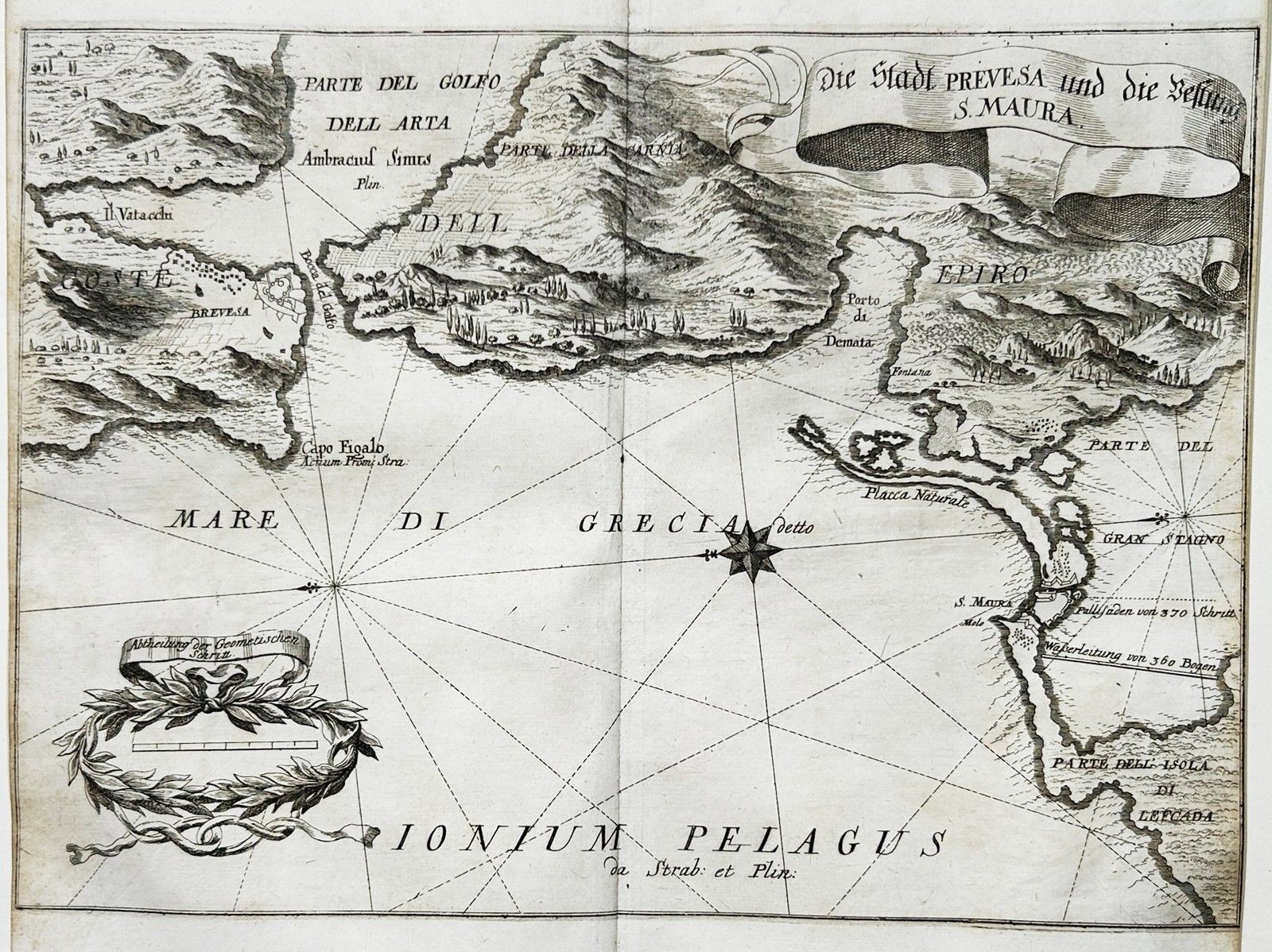Preveza Saint Maura Lefkada Greece Map Card Carte Copperplate Merian 1691